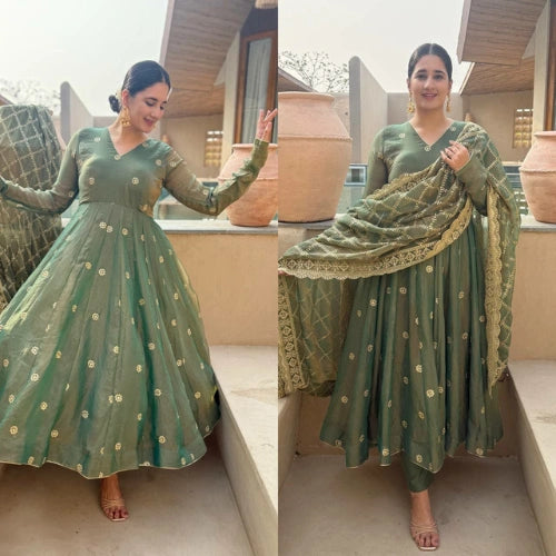 Designer Moss Fendi Embroidered Anarkali Suit Set