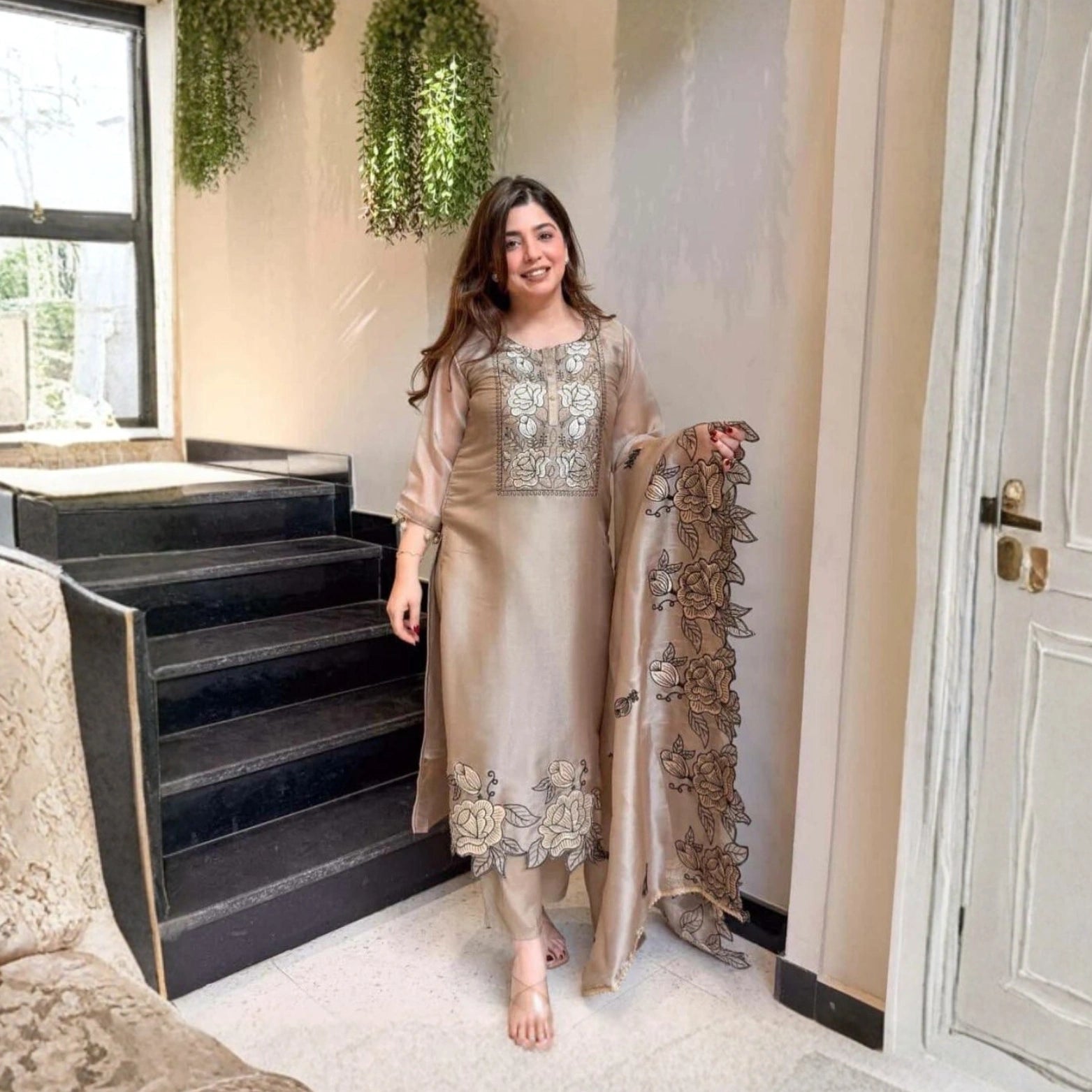 Meher Chanderi Suit Set with Thread Work Dupatta