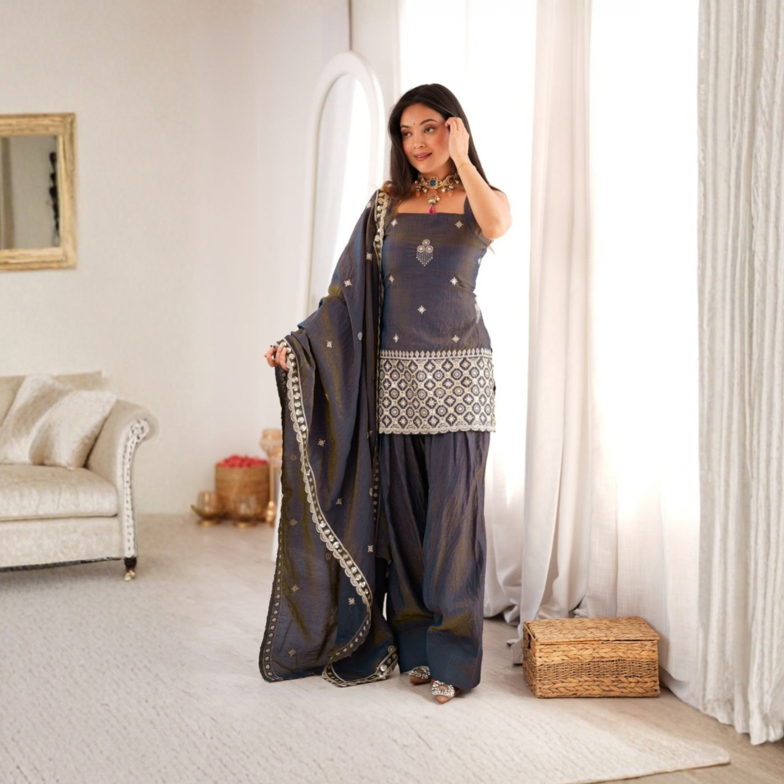 Zarika Charcoal Grey Vichitra Silk Farshi Suit Set
