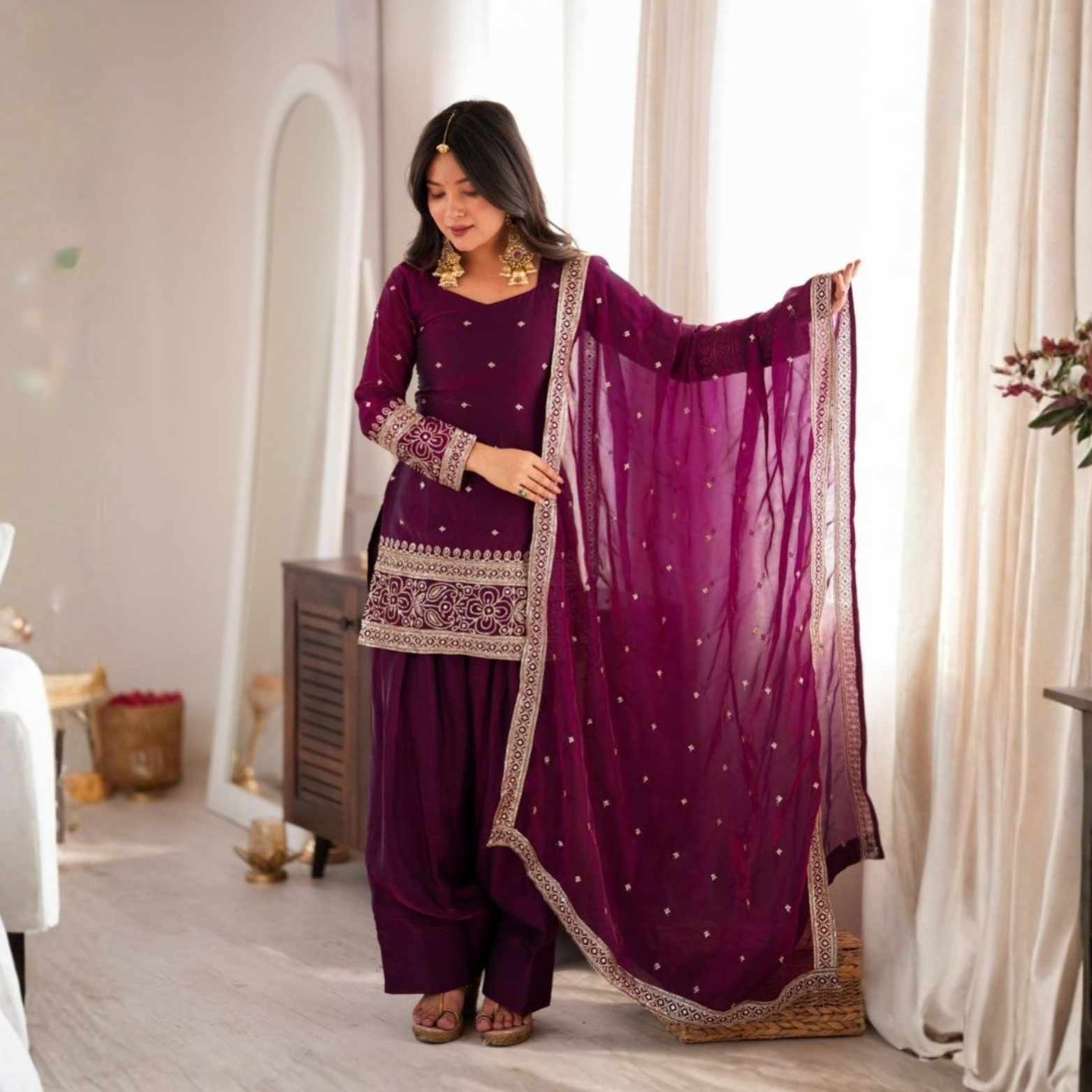 Seher Wine Fendi Silk Farshi Suit Set
