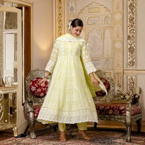 Pure Mal Cotton Lucknowi Embroidered Gown Set