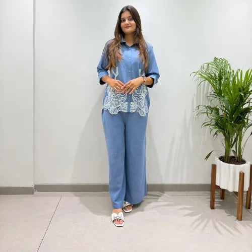 Premium Cotton Denim Embroidered Co-ord Set