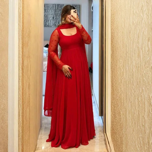 Embroidered Faux Georgette Gown Set