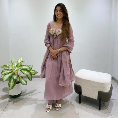 Pure Mul Chanderi Embroidered Gown Suit Set