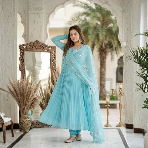 Heavy Faux Georgette Embroidered Gown Set