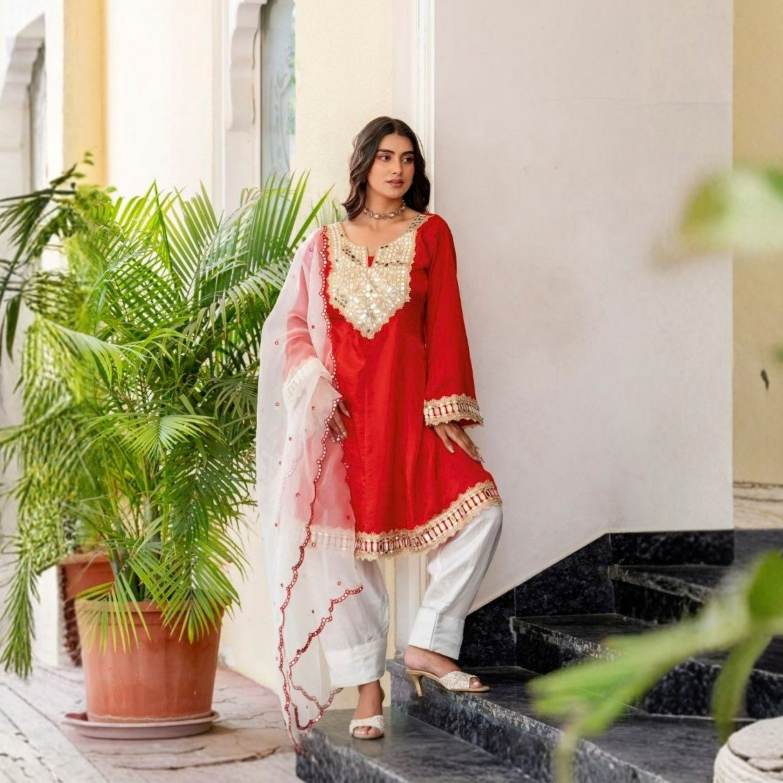 Aarohi Red Silk Sindoor Mirror Work Suit Set