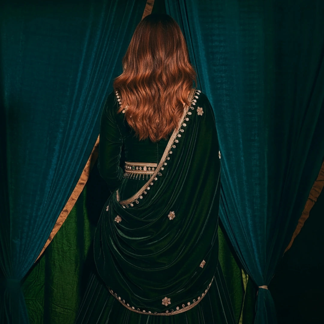 Velvet Radiance Embroidered Designer Party Gown