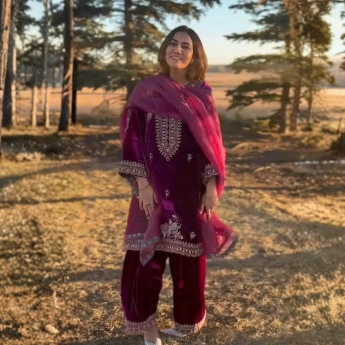 Velvet Embroidered Plazzo Suit