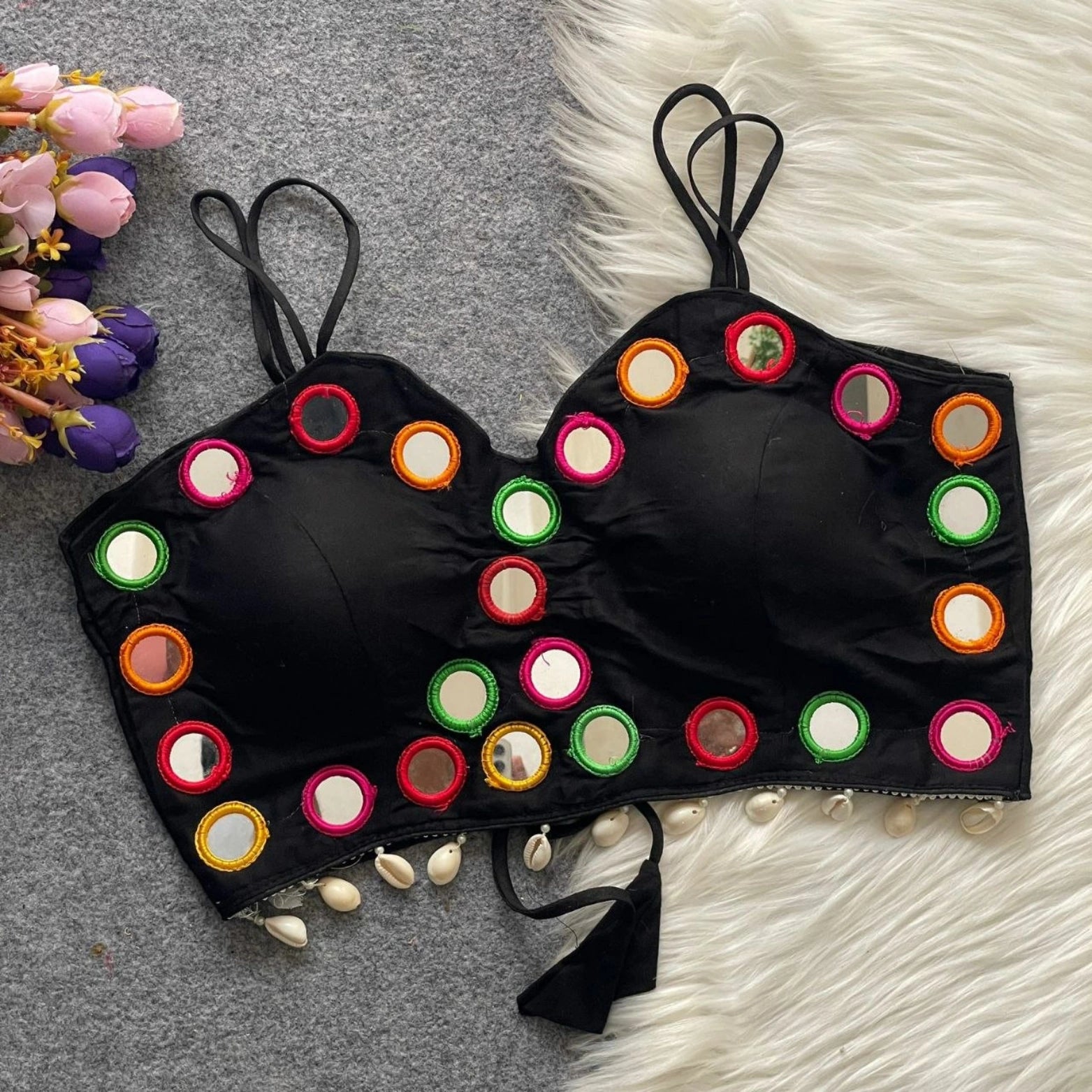 Spaghetti Strap Mirror Work Cotton Blouse