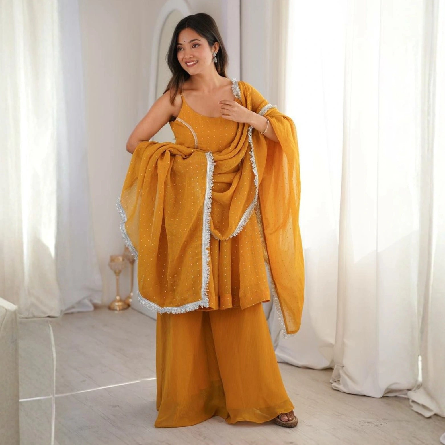 Zaria Mustard Crunchy Silk Sharara Set