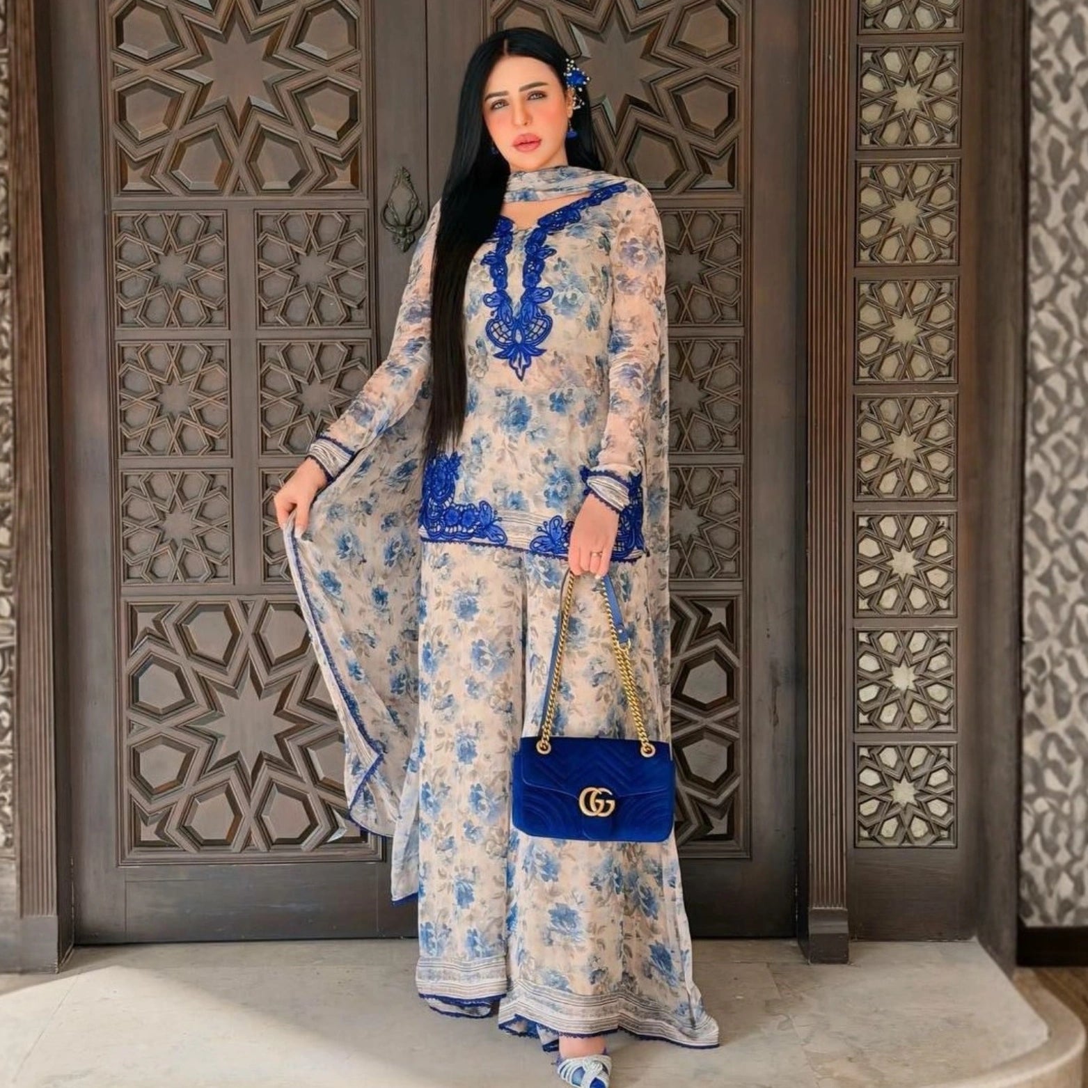 Ruhani Floral Faux Georgette Palazzo Suit Set