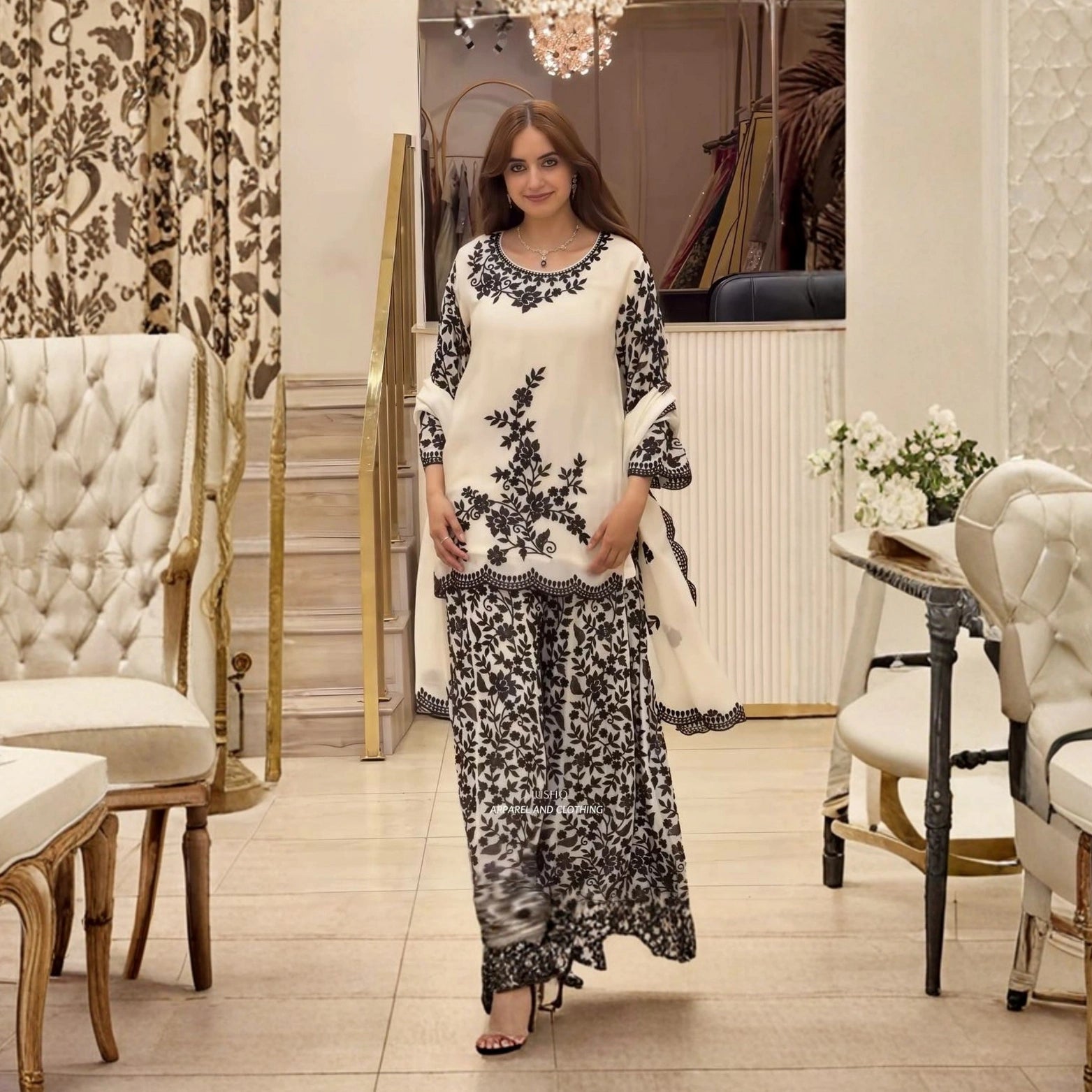 Ivory Embroidered Faux Georgette Sharara Set