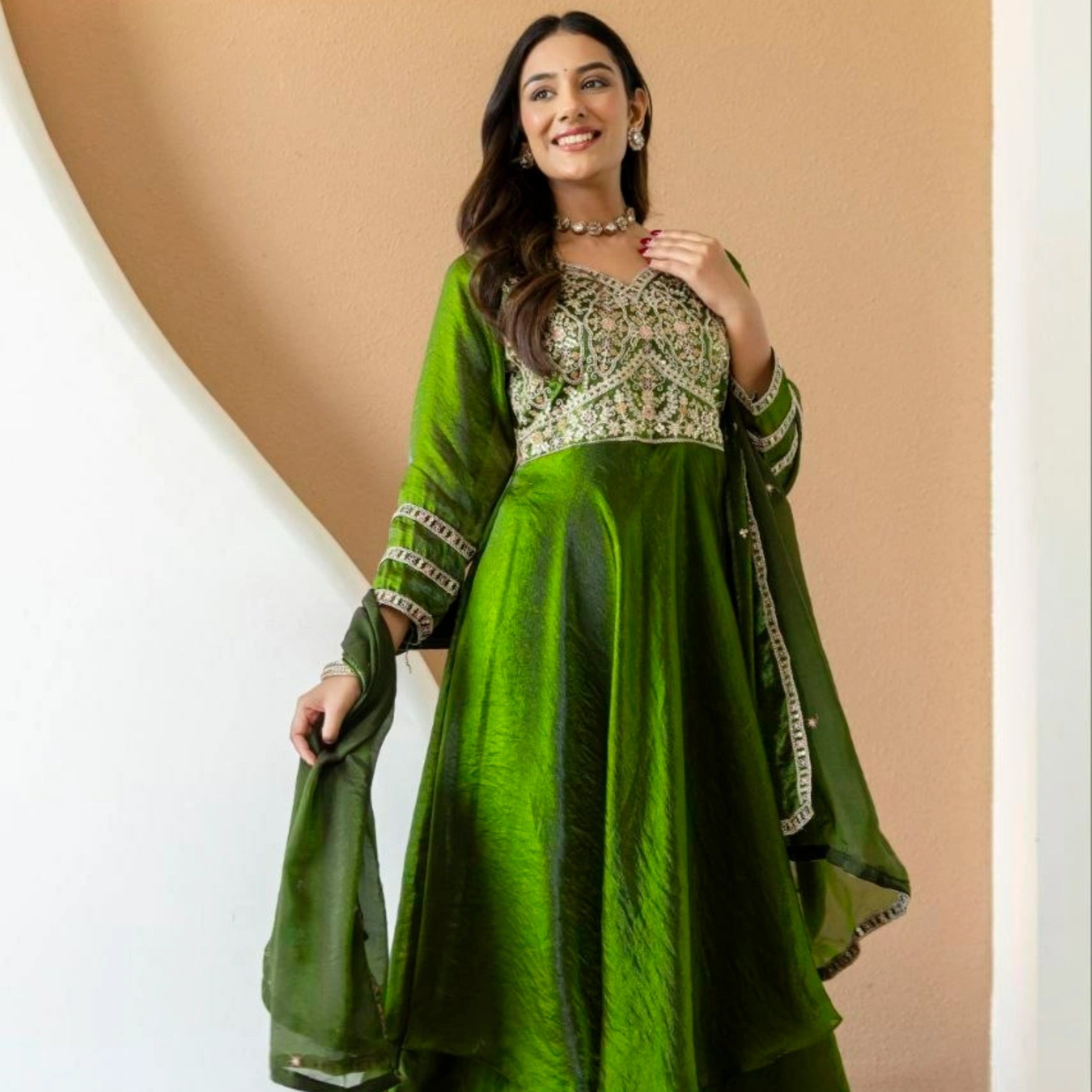 Meher Fendi Silk Embroidered Gown Set