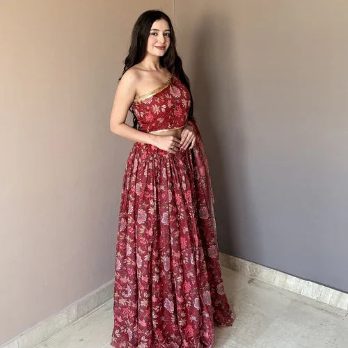 Floral Printed One-Shoulder Lehenga Set