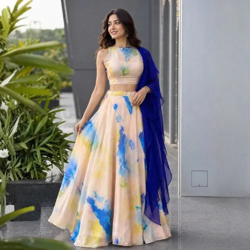 Printed Jimmy Organza Stone Work Lehenga Set
