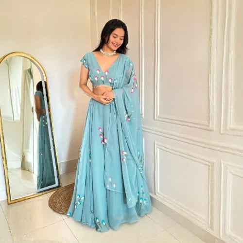 Georgette Handpainted Designer Lehenga Set