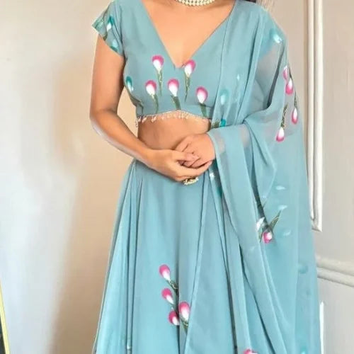 Georgette Handpainted Designer Lehenga Set