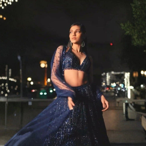 Net Lehenga Set with Sequins & Dori Work