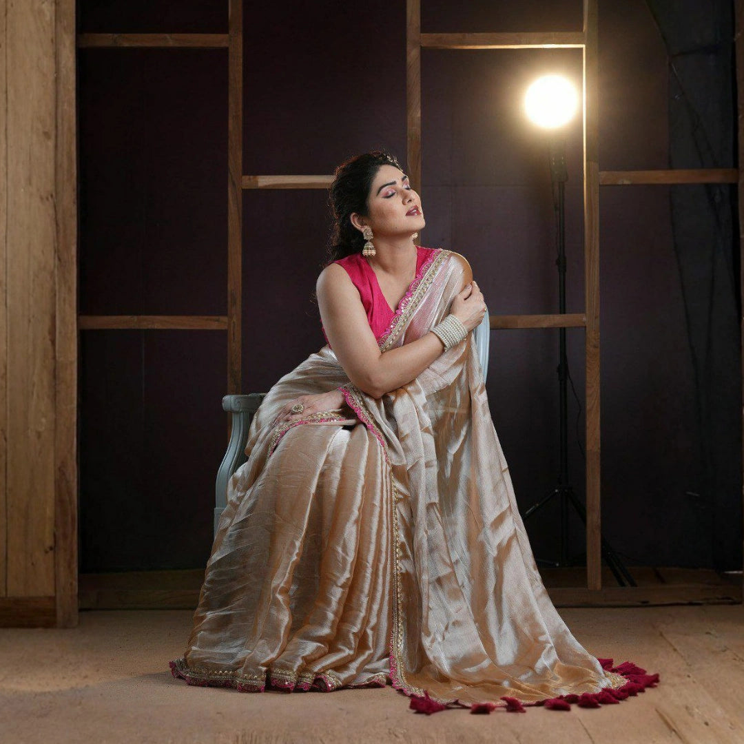 Golden Tissue Soft Saree with Embroidered Lace