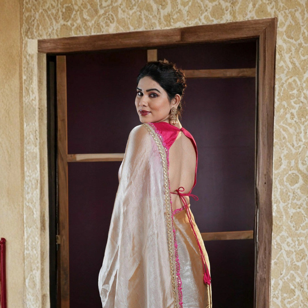 Golden Tissue Soft Saree with Embroidered Lace