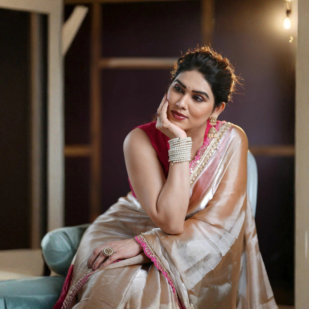 Golden Tissue Soft Saree with Embroidered Lace