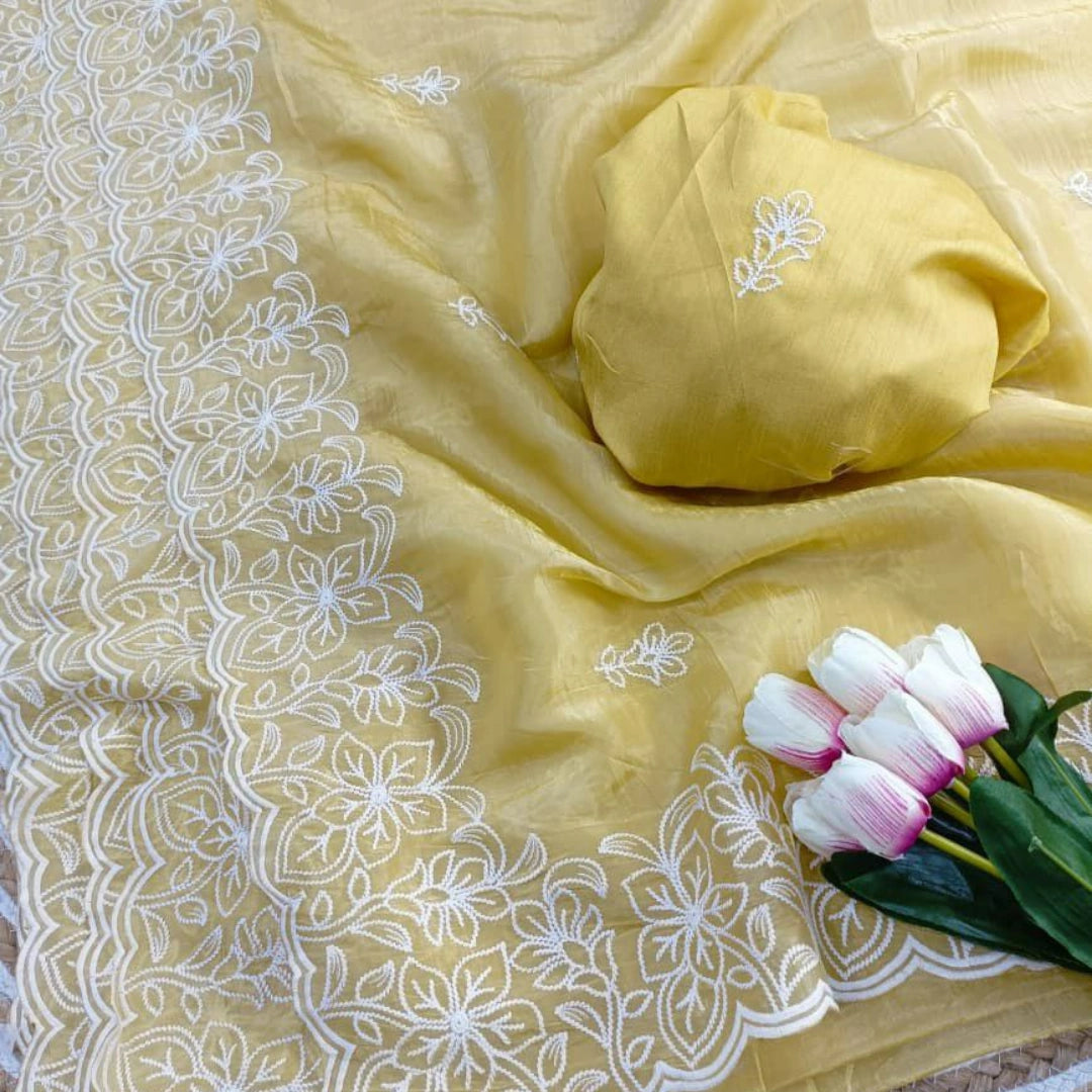 Gold Crush Soft Saree with Embroidered Blouse