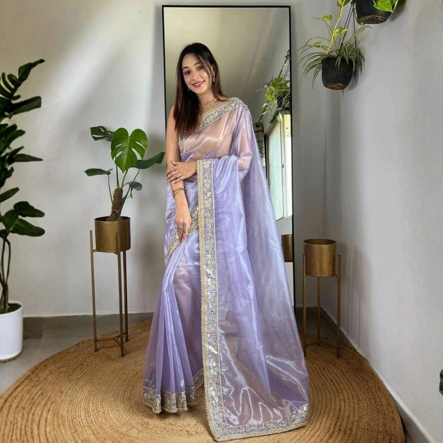 Twill Net Embroidered Mirror Work Saree
