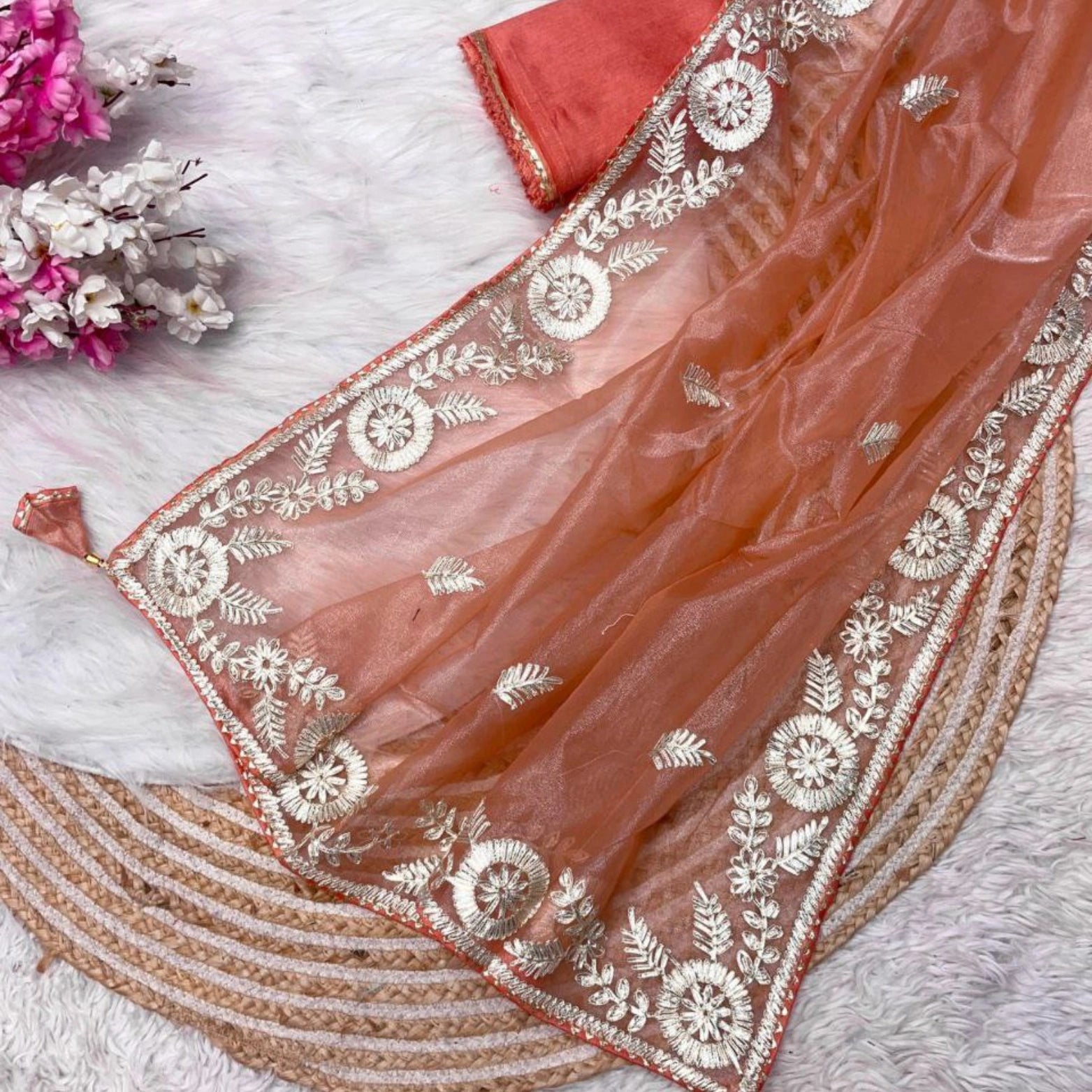 Soft Twill Net Saree with Embellished Pallu & Mono Banglori Blouse