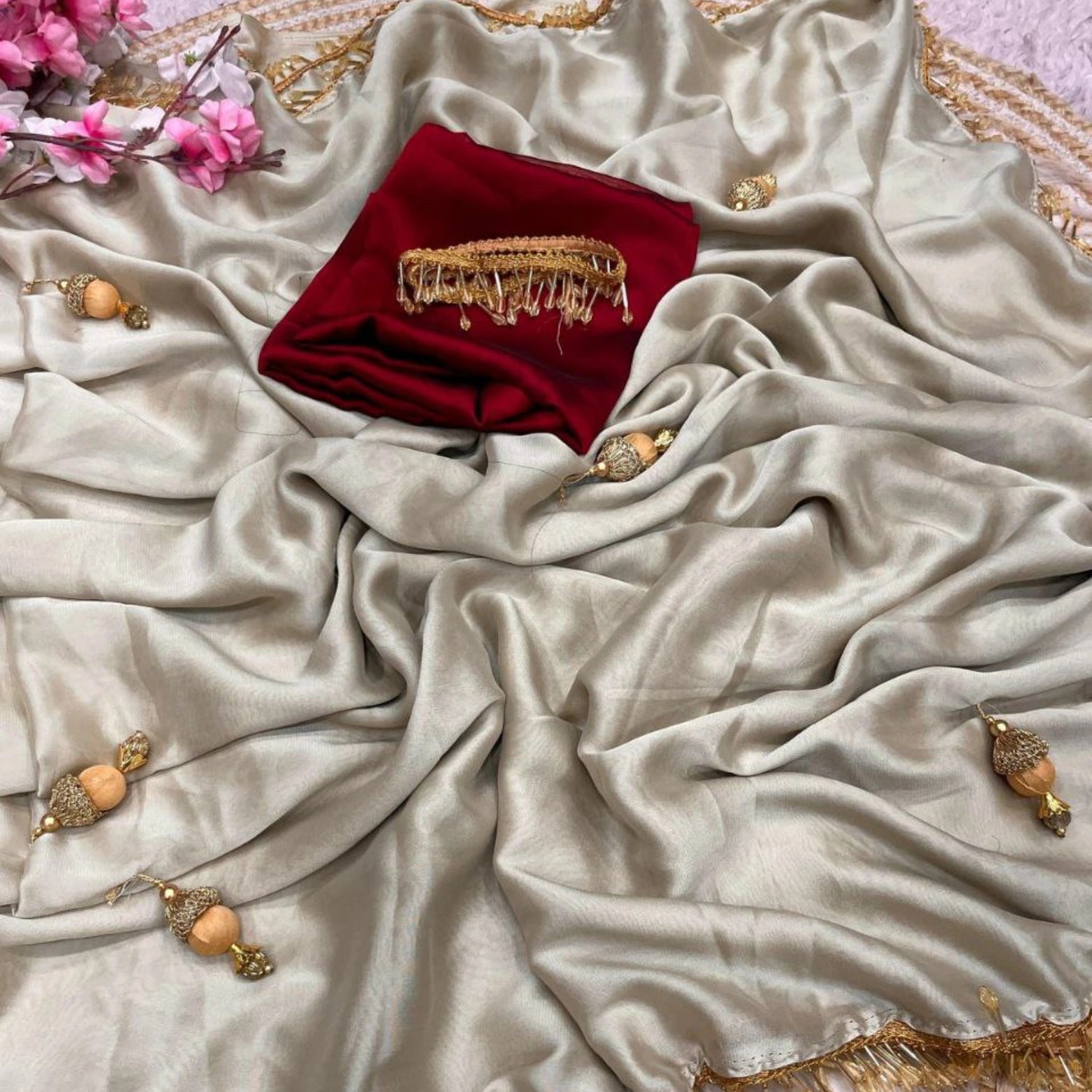 Pure Soft Rangoli Silk Saree with Handmade Lace & Heavy Latkan Pallu