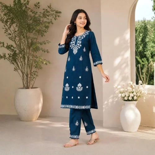 Embroidered Slub Cotton Kurta Pant Set for Girls