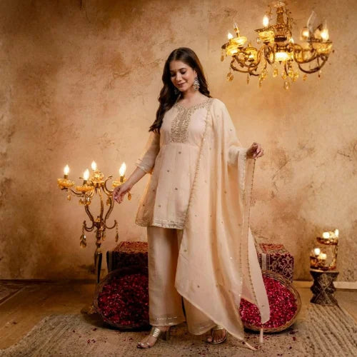 Heavy Crunchy Silk Embroidered Short Suit Set