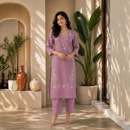Premium Slub Cotton Embroidered Kurti Pant Set