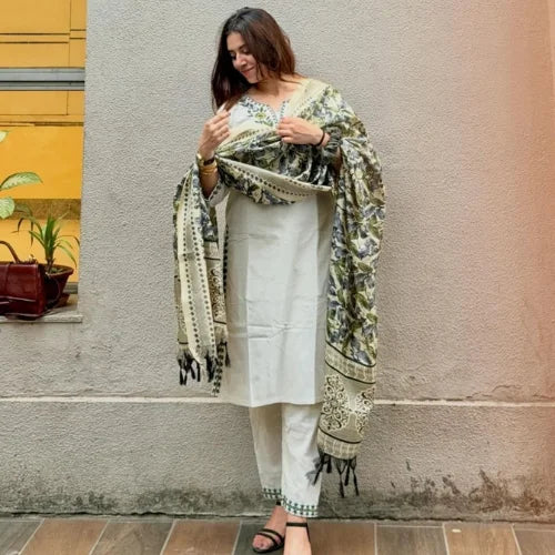 Khadi Cotton Embroidered 3-Piece Suit Set