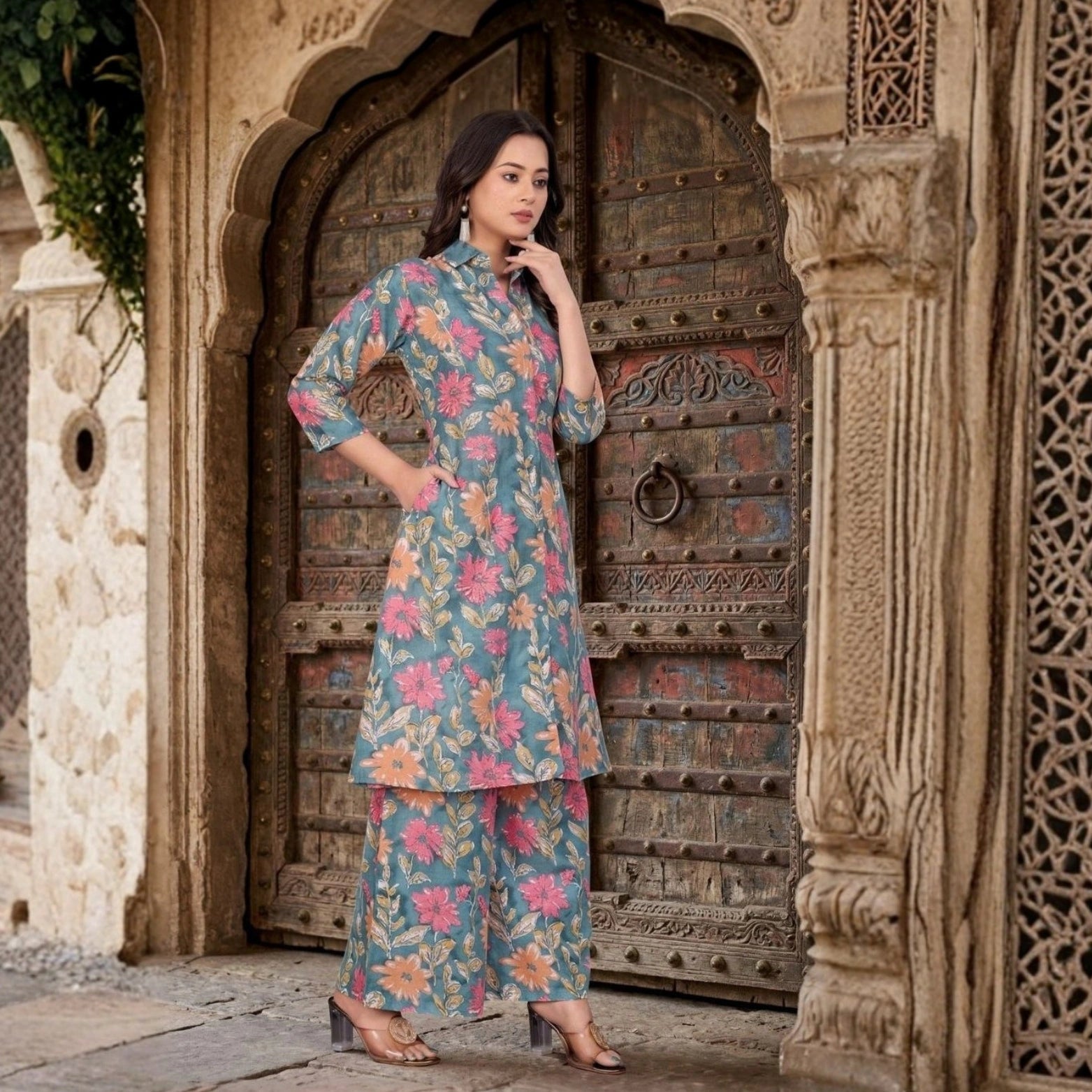 Printed Cambric Cotton Kurta & Palazzo Set